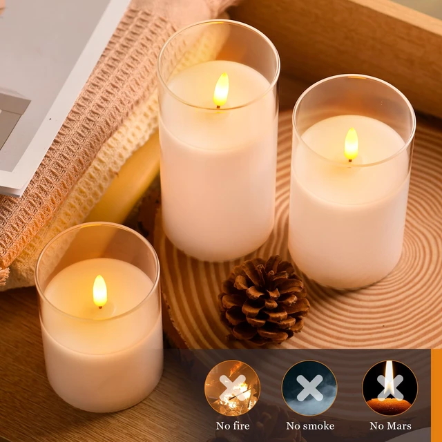 Alt view image 5 of 7 - Glass Battery Operated LED Flameless Candles with Remote and Timer, Real Wax Candles Warm Color Flickering Light for Festival Wedding Home Party Decor(Pack of 3)-White