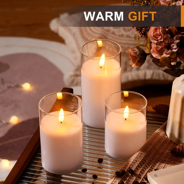 Alt view image 6 of 7 - Glass Battery Operated LED Flameless Candles with Remote and Timer, Real Wax Candles Warm Color Flickering Light for Festival Wedding Home Party Decor(Pack of 3)-White
