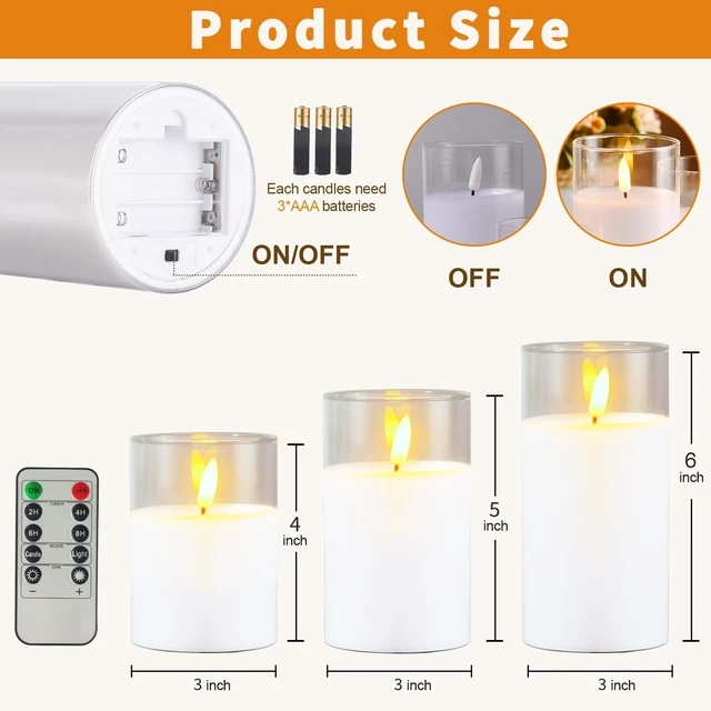 Alt view image 7 of 7 - Glass Battery Operated LED Flameless Candles with Remote and Timer, Real Wax Candles Warm Color Flickering Light for Festival Wedding Home Party Decor(Pack of 3)-White