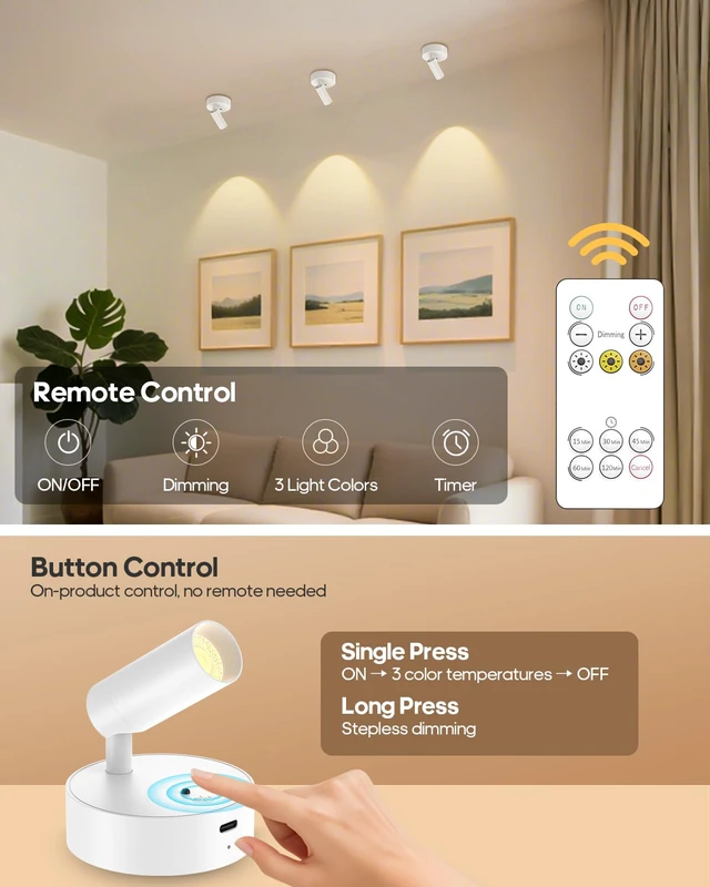 Alt view image 6 of 7 - Spotlights Indoor with Remote, 3000Mah Rechargeable Wireless Plant Light Up Lights with 3 Colors & Dimmer, Small LED Picture Lights for Painting, Artwork, Accent Lighting, 4 Pack White