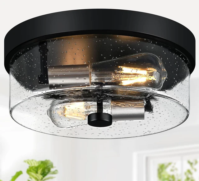 Main image of Flush Mount Ceiling Light Fixtures, 2-Light Black and Silver Ceiling Mount for Farmhouse with Seeded Glass Lampshade, Industrial Flush Mount Light Fixture for Hallway, Kitchen, Entryway and Foyer