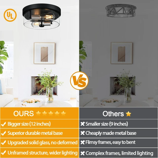 Alt view image 2 of 7 - Flush Mount Ceiling Light Fixtures, 2-Light Black and Silver Ceiling Mount for Farmhouse with Seeded Glass Lampshade, Industrial Flush Mount Light Fixture for Hallway, Kitchen, Entryway and Foyer