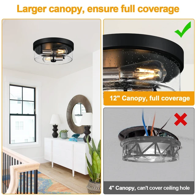 Alt view image 4 of 7 - Flush Mount Ceiling Light Fixtures, 2-Light Black and Silver Ceiling Mount for Farmhouse with Seeded Glass Lampshade, Industrial Flush Mount Light Fixture for Hallway, Kitchen, Entryway and Foyer
