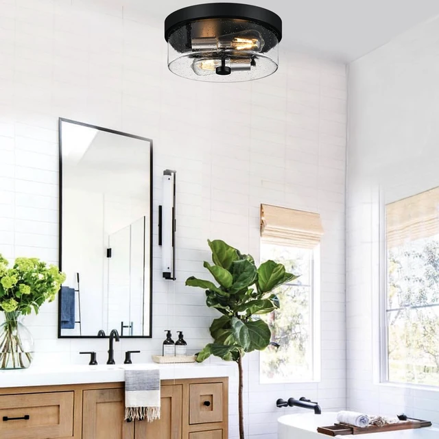 Alt view image 5 of 7 - Flush Mount Ceiling Light Fixtures, 2-Light Black and Silver Ceiling Mount for Farmhouse with Seeded Glass Lampshade, Industrial Flush Mount Light Fixture for Hallway, Kitchen, Entryway and Foyer