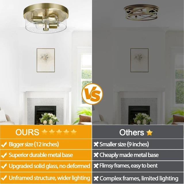 Alt view image 2 of 7 - Flush Mount Ceiling Light Fixtures, 2-Light Brass Ceiling Mount for Farmhouse with Seeded Glass Lampshade, Industrial Hall Flush Mount Light Fixture for Hallway, Kitchen, Entryway, Bedroom and Foyer