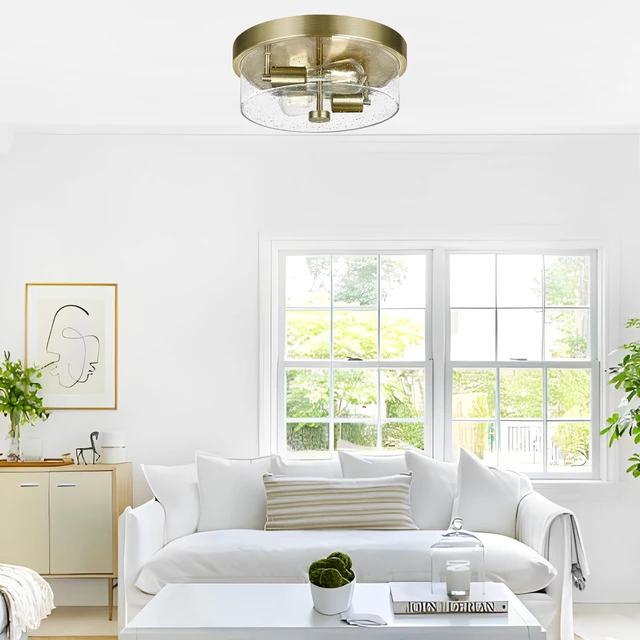Alt view image 3 of 7 - Flush Mount Ceiling Light Fixtures, 2-Light Brass Ceiling Mount for Farmhouse with Seeded Glass Lampshade, Industrial Hall Flush Mount Light Fixture for Hallway, Kitchen, Entryway, Bedroom and Foyer