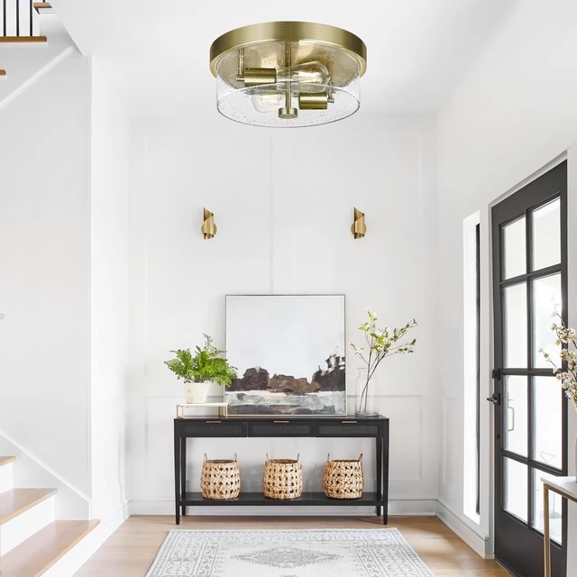Alt view image 4 of 7 - Flush Mount Ceiling Light Fixtures, 2-Light Brass Ceiling Mount for Farmhouse with Seeded Glass Lampshade, Industrial Hall Flush Mount Light Fixture for Hallway, Kitchen, Entryway, Bedroom and Foyer