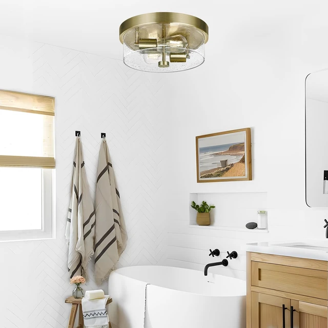Alt view image 5 of 7 - Flush Mount Ceiling Light Fixtures, 2-Light Brass Ceiling Mount for Farmhouse with Seeded Glass Lampshade, Industrial Hall Flush Mount Light Fixture for Hallway, Kitchen, Entryway, Bedroom and Foyer