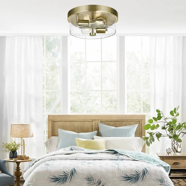 Alt view image 7 of 7 - Flush Mount Ceiling Light Fixtures, 2-Light Brass Ceiling Mount for Farmhouse with Seeded Glass Lampshade, Industrial Hall Flush Mount Light Fixture for Hallway, Kitchen, Entryway, Bedroom and Foyer