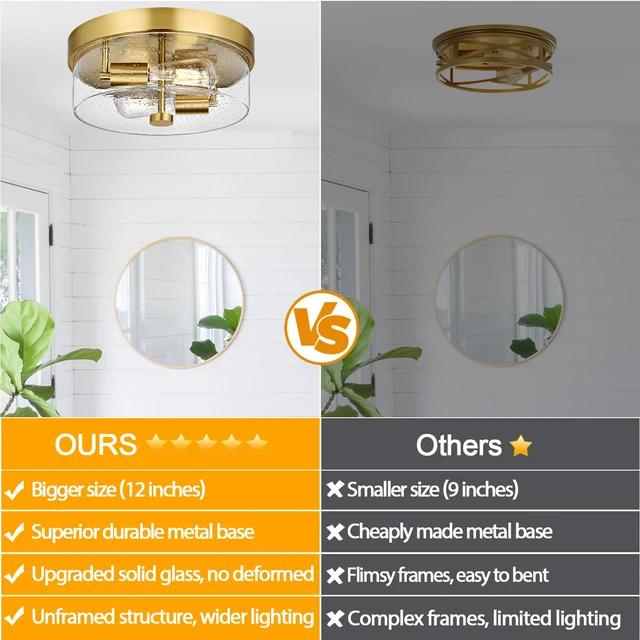 Alt view image 2 of 7 - Flush Mount Ceiling Light Fixtures, 2-Light Gold Ceiling Mount for Farmhouse with Seeded Glass Lampshade, Industrial Flush Mount Light Fixture Farmhouse for Hallway, Kitchen, Entryway and Foyer