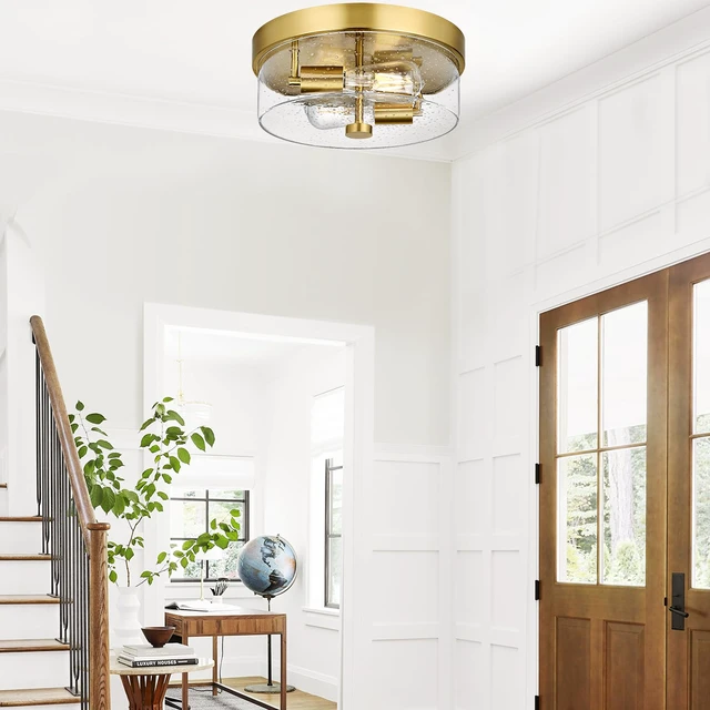 Alt view image 3 of 7 - Flush Mount Ceiling Light Fixtures, 2-Light Gold Ceiling Mount for Farmhouse with Seeded Glass Lampshade, Industrial Flush Mount Light Fixture Farmhouse for Hallway, Kitchen, Entryway and Foyer