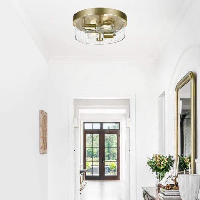Alt view image 6 of 7 - Flush Mount Ceiling Light Fixtures, 2-Light Brass Ceiling Mount for Farmhouse with Seeded Glass Lampshade, Industrial Hall Flush Mount Light Fixture for Hallway, Kitchen, Entryway, Bedroom and Foyer