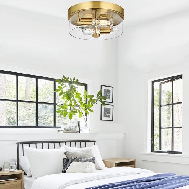 Alt view image 5 of 7 - Flush Mount Ceiling Light Fixtures, 2-Light Gold Ceiling Mount for Farmhouse with Seeded Glass Lampshade, Industrial Flush Mount Light Fixture Farmhouse for Hallway, Kitchen, Entryway and Foyer