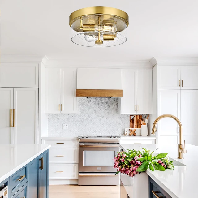 Alt view image 4 of 7 - Flush Mount Ceiling Light Fixtures, 2-Light Gold Ceiling Mount for Farmhouse with Seeded Glass Lampshade, Industrial Flush Mount Light Fixture Farmhouse for Hallway, Kitchen, Entryway and Foyer
