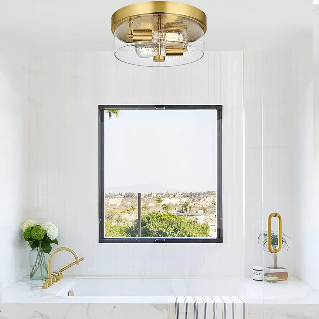 Alt view image 6 of 7 - Flush Mount Ceiling Light Fixtures, 2-Light Gold Ceiling Mount for Farmhouse with Seeded Glass Lampshade, Industrial Flush Mount Light Fixture Farmhouse for Hallway, Kitchen, Entryway and Foyer