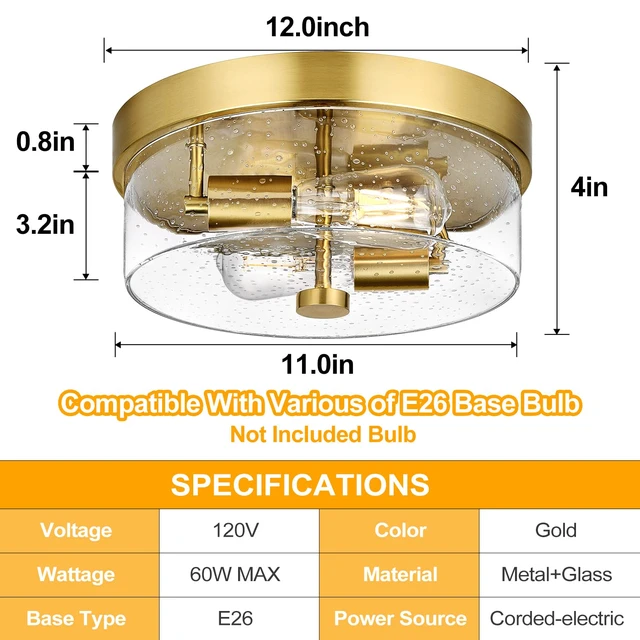 Alt view image 7 of 7 - Flush Mount Ceiling Light Fixtures, 2-Light Gold Ceiling Mount for Farmhouse with Seeded Glass Lampshade, Industrial Flush Mount Light Fixture Farmhouse for Hallway, Kitchen, Entryway and Foyer