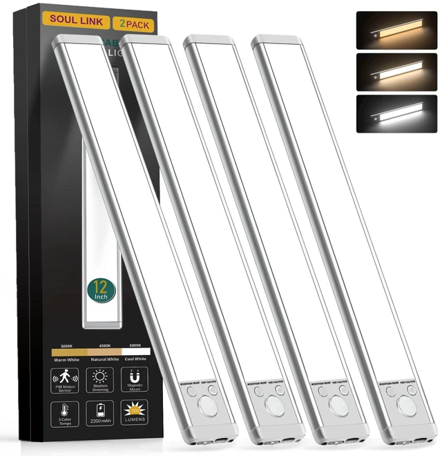 Main image of 4-Pack 12" 88-LED Motion Sensor Under Cabinet Lights, Wireless Button control, 2200mAh rechargeable batteries, magnetic mounting, dimming and 3 color modes for kitchen or closet