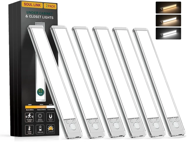 Main image of 6-Pack 9.5" 76-LED Motion Sensor Under Cabinet Lights, Wireless Button control, 1500mAh rechargeable batteries, magnetic mounting, dimming and 3 color modes for kitchen or closet
