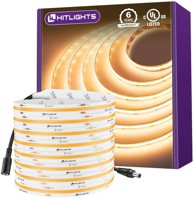 Main image of COB LED Strip Lights Warm White 2700K, 16.4ft 24V Tape, UL Listed 2560 LEDs, 350+ lm/ft, CRI 90+, IP30, High Density, Cuttable, Rope Lighting for Kitchen Cabinets, Power Source Not Included