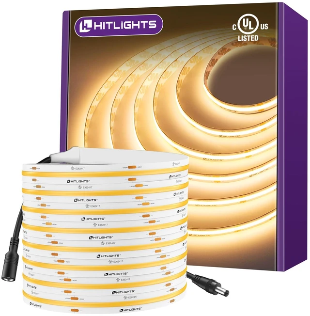 Main image of COB LED Strip Lights Warm White 3000K, 16.4ft Premium High Density 24V Tape Light, 2560 LEDs, 350+ LM/FT, CRI 90+, IP30, Lighting for Kitchen, Cabinets, UL Listed (Power Source Not Included)