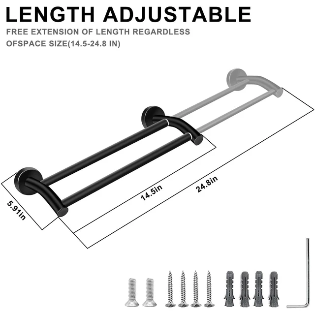 Alt view image 2 of 7 - Black Telescopic Double Towel Bar Wall Mount 14.5-24.8Inch Rustproof Towel Rack with Widened Spacing, Scratch-resistant & Durable for Bathroom Kitchen RV