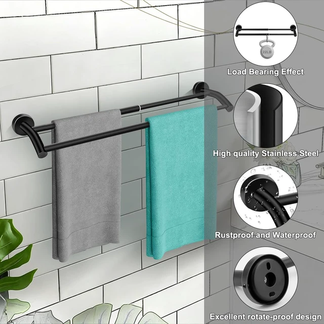 Alt view image 3 of 7 - Black Telescopic Double Towel Bar Wall Mount 14.5-24.8Inch Rustproof Towel Rack with Widened Spacing, Scratch-resistant & Durable for Bathroom Kitchen RV