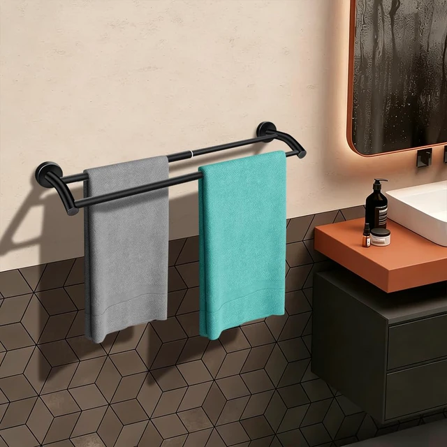 Alt view image 5 of 7 - Black Telescopic Double Towel Bar Wall Mount 14.5-24.8Inch Rustproof Towel Rack with Widened Spacing, Scratch-resistant & Durable for Bathroom Kitchen RV
