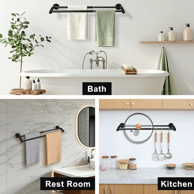 Alt view image 7 of 7 - Black Telescopic Double Towel Bar Wall Mount 14.5-24.8Inch Rustproof Towel Rack with Widened Spacing, Scratch-resistant & Durable for Bathroom Kitchen RV
