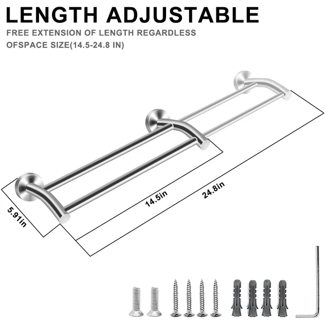 Alt view image 2 of 7 - Silver Telescopic Double Towel Bar Wall Mount 14.5-24.8Inch Rustproof Towel Rack with Widened Spacing, Scratch-resistant & Durable for Bathroom Kitchen RV