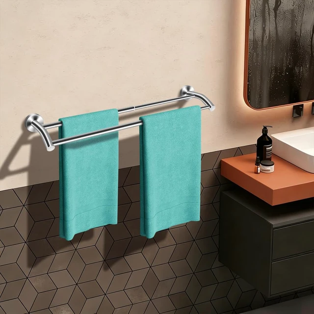 Alt view image 5 of 7 - Silver Telescopic Double Towel Bar Wall Mount 14.5-24.8Inch Rustproof Towel Rack with Widened Spacing, Scratch-resistant & Durable for Bathroom Kitchen RV