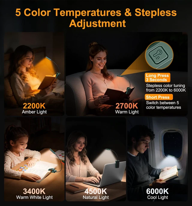 Alt view image 5 of 7 - 2026 Gen 2 Book Light for Reading- 30 Eye Caring Full Spectrum LED 5 Colors & 5 Brightness, Adjustable Wide/Narrow Beam, Upgrade 1500mAh Long-Lasting Rechargeable Clip on Light-Forest Green