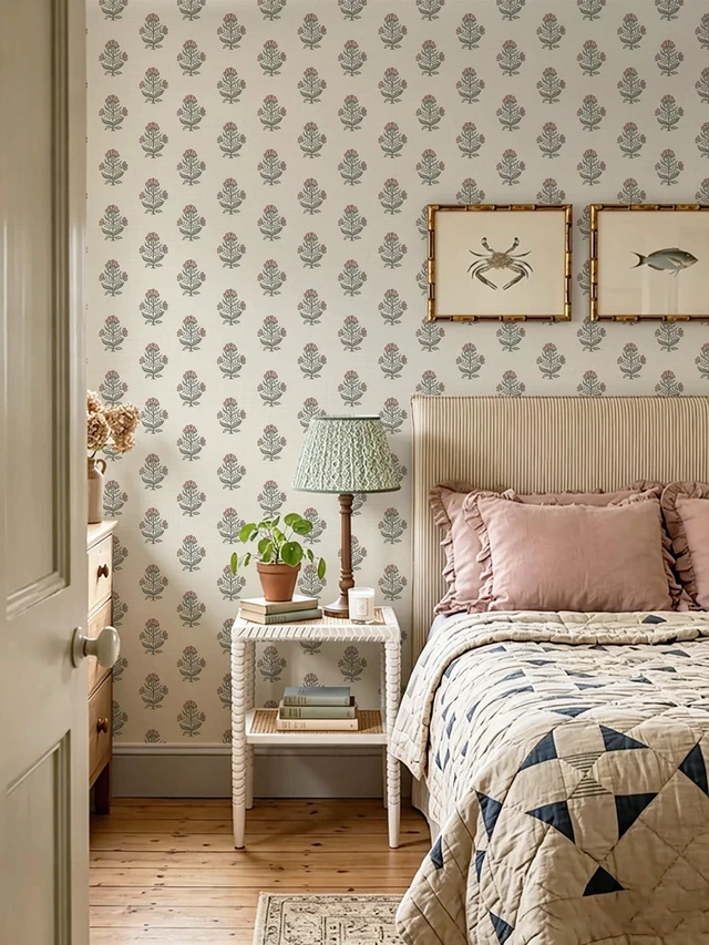 Alt view image 3 of 7 - Pink Floral Wallpaper Cottage Peel and Stick Wallpaper 17.3''x393'' Faux Linen Texture Contact Paper for Cabinets Removable Self-Adhesive Wall Paper for Bedroom Kitchen Renter Friendly Vinyl