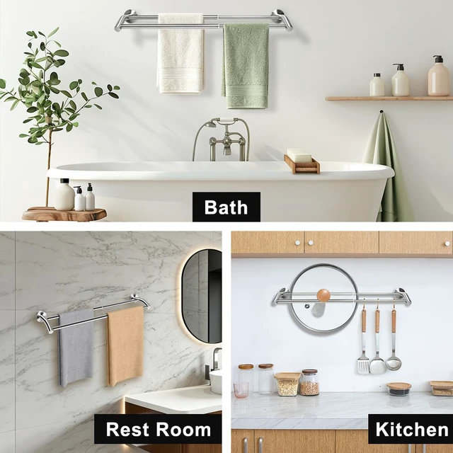 Alt view image 7 of 7 - Silver Telescopic Double Towel Bar Wall Mount 14.5-24.8Inch Rustproof Towel Rack with Widened Spacing, Scratch-resistant & Durable for Bathroom Kitchen RV