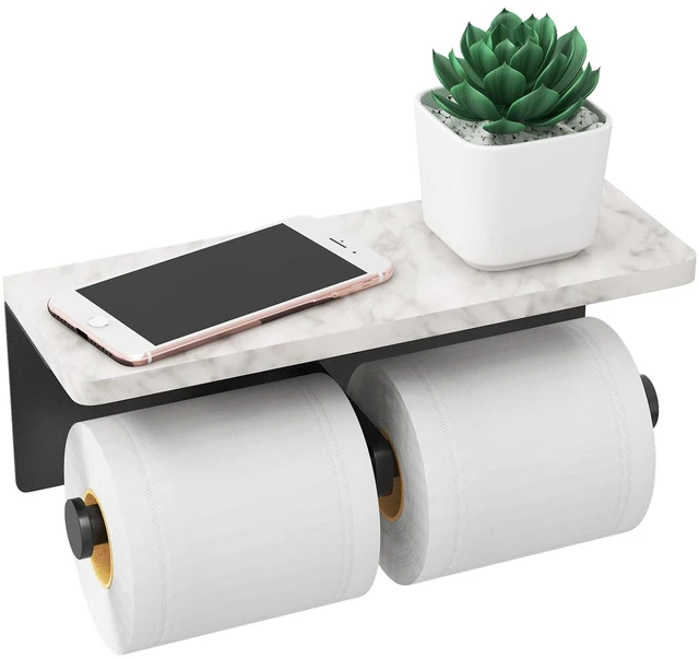 Main image of Toilet Paper Holder with Marble Shelf, Wall Mount, Double Black Stainless Steel Tissue Roll Paper Holder Dispenser for Bathroom Washroom