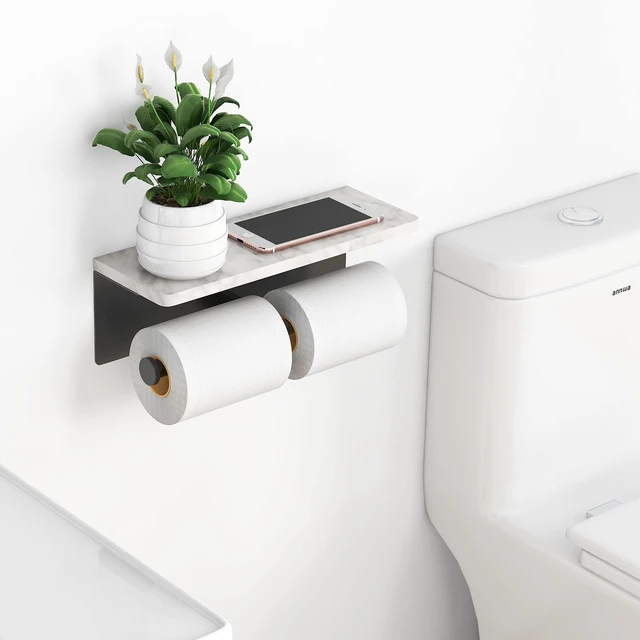 Alt view image 2 of 7 - Toilet Paper Holder with Marble Shelf, Wall Mount, Double Black Stainless Steel Tissue Roll Paper Holder Dispenser for Bathroom Washroom