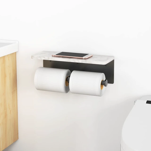 Alt view image 7 of 7 - Toilet Paper Holder with Marble Shelf, Wall Mount, Double Black Stainless Steel Tissue Roll Paper Holder Dispenser for Bathroom Washroom
