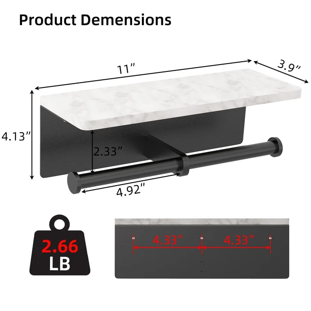 Alt view image 6 of 7 - Toilet Paper Holder with Marble Shelf, Wall Mount, Double Black Stainless Steel Tissue Roll Paper Holder Dispenser for Bathroom Washroom