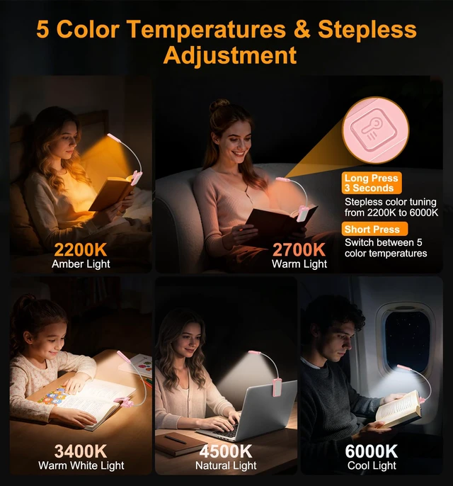 Alt view image 5 of 7 - 2026 Gen 2 Book Light for Reading- 30 Eye Caring Full Spectrum LED 5 Colors & 5 Brightness, Adjustable Wide/Narrow Beam, Upgrade 1500mAh Long-Lasting Rechargeable Clip on Light-Pink