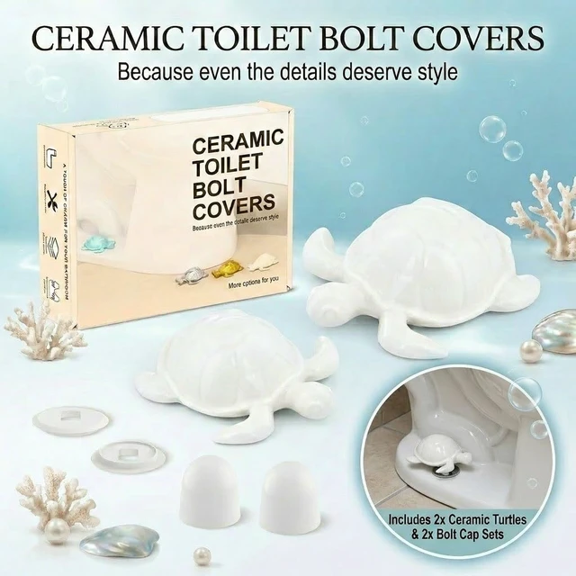Alt view image 4 of 6 - White Sea Turtle Ceramic Toilet Bolt Covers 2-Pack, Decorative Bathroom Bolt Hole 1.33'', Hides Toilet Floor Bolts, Coastal Bathroom Decor, Cute Gift Design