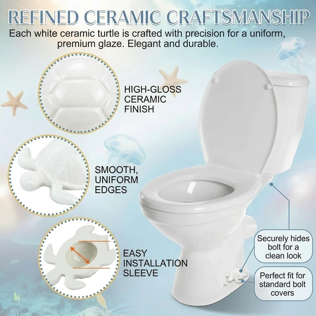 Alt view image 6 of 6 - White Sea Turtle Ceramic Toilet Bolt Covers 2-Pack, Decorative Bathroom Bolt Hole 1.33'', Hides Toilet Floor Bolts, Coastal Bathroom Decor, Cute Gift Design