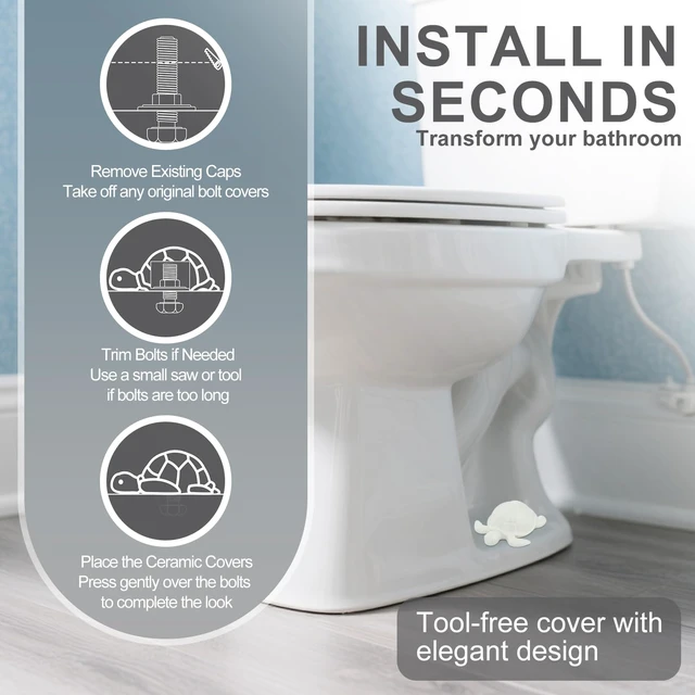 Alt view image 5 of 6 - White Sea Turtle Ceramic Toilet Bolt Covers 2-Pack, Decorative Bathroom Bolt Hole 1.33'', Hides Toilet Floor Bolts, Coastal Bathroom Decor, Cute Gift Design