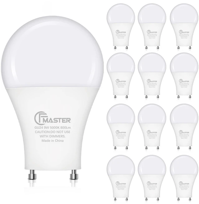 Main image of GU24 LED Light Bulb, 5000K Daylight, 9W(100W Equivalent), 800 Lumens, A19 Shape GU 24 LED Bulbs, Twist and Lock GU24 Pin Base with Two Prongs, Non-Dimmable, UL ETL Certificated(12-Pack)