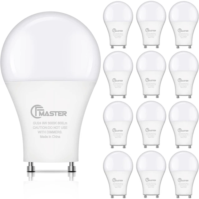 Main image of GU24 LED Light Bulb, 3000K Warm White, 9W (100W Equivalent), 800 Lumens, A19 Shape, GU24 Pin Base, Non-Dimmable, UL ETL Certificated (12-Pack)
