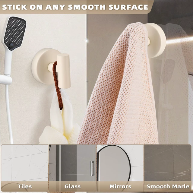 Alt view image 3 of 7 - Suction Cup Hooks for Shower - Bathroom Reusable Hooks for Towels, Robes & Loofah - No-Drill Mounting on Kitchen,Walls,Metal,Glass,Mirrors,Tile & Smooth Non-Porous Surfaces (2, Milk White)