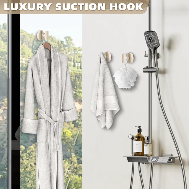Alt view image 5 of 7 - Suction Cup Hooks for Shower - Bathroom Reusable Hooks for Towels, Robes & Loofah - No-Drill Mounting on Kitchen,Walls,Metal,Glass,Mirrors,Tile & Smooth Non-Porous Surfaces (2, Milk White)
