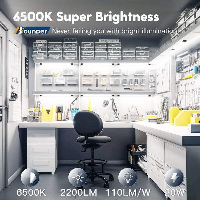 Alt view image 2 of 6 - 4Pack 2FT LED Shop Light, 65000K, 2200LM, Linkable for Garage Super Bright Cool Daylight White, Ceiling + Hanging Mount Durable Integrated Utility Shop Lights for Workshop DIY User, Black
