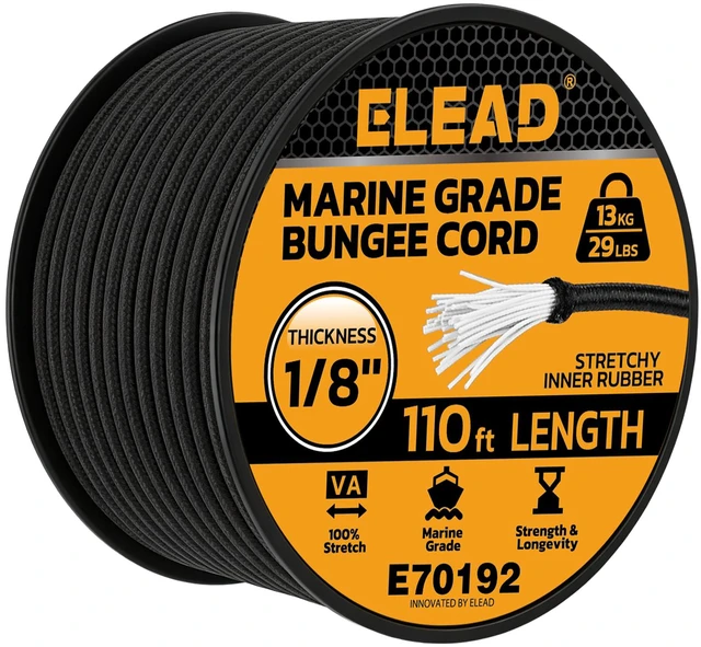 Main image of Heavy Duty Bungee Cord Roll, 1/8" x 110ft Marine Grade Outdoor Bungee Cords, Black Super Elastic Shock Cords, Long Cord for Cargo, Camping, Bike Racks, Tents