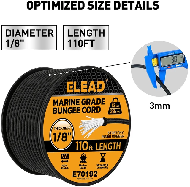 Alt view image 2 of 7 - Heavy Duty Bungee Cord Roll, 1/8" x 110ft Marine Grade Outdoor Bungee Cords, Black Super Elastic Shock Cords, Long Cord for Cargo, Camping, Bike Racks, Tents