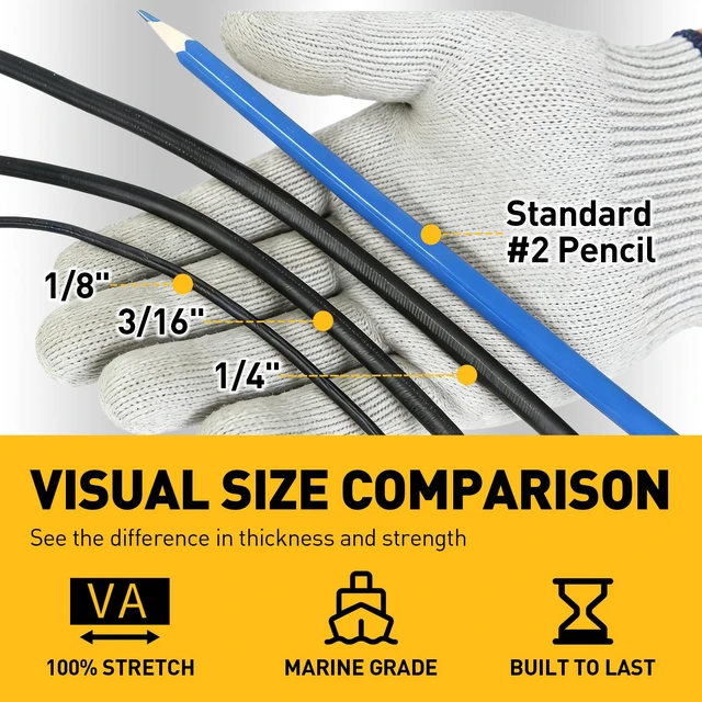 Alt view image 4 of 7 - Heavy Duty Bungee Cord Roll, 1/8" x 110ft Marine Grade Outdoor Bungee Cords, Black Super Elastic Shock Cords, Long Cord for Cargo, Camping, Bike Racks, Tents
