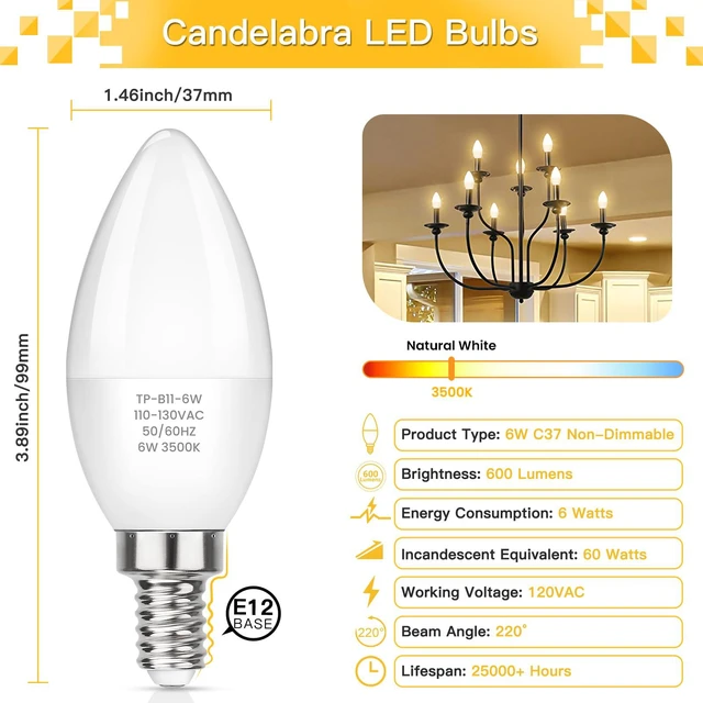 Alt view image 2 of 5 - LED E12 Candelabra Light Bulbs 60W Equivalent, 6W B11 Candle Base, 600 Lumen Chandelier Bulb, Natural White 3500K, Non-Dimmable, Pack of 6